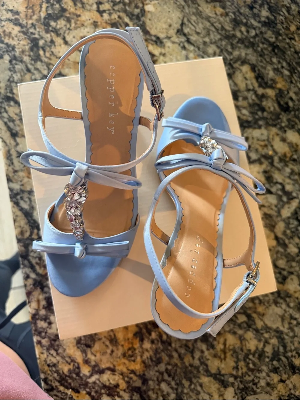 Copper Key Light Blue Satin T-Strap Heels with Crystal Accents